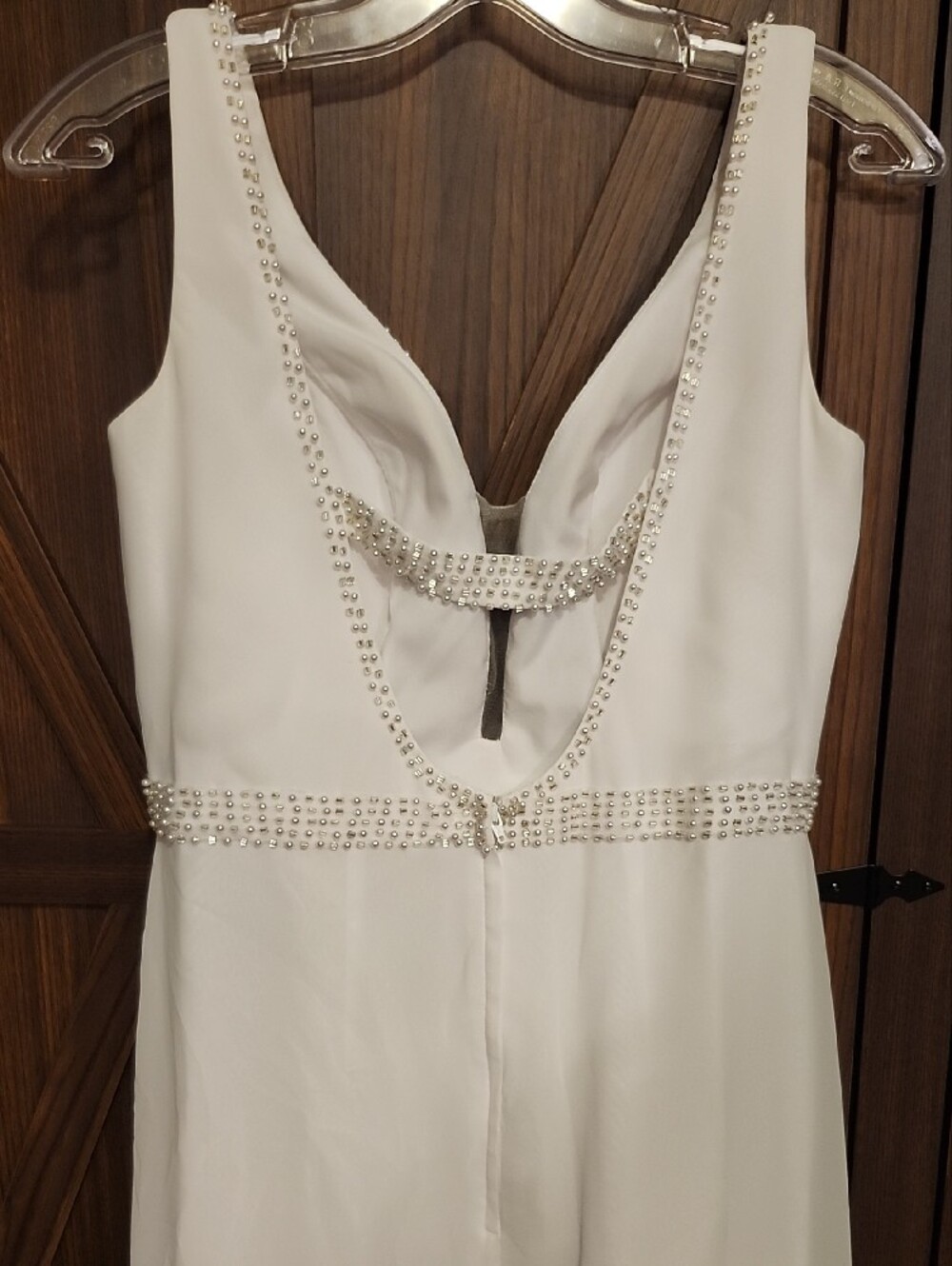 Minimalist White V-Neck Wedding Dress with Beaded Waist - Picture 5 of 16